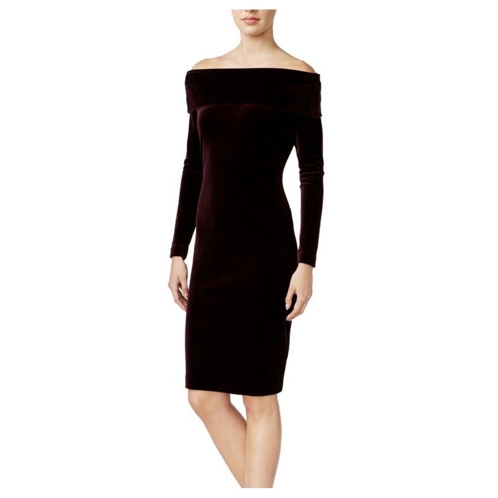 CALVIN KLEIN Wine Red Stretch Velvet Off Shoulder Sheath Dress 6